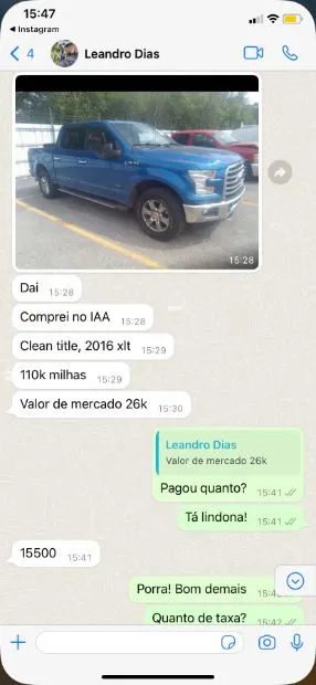 Cliente mostra a Ford F-150 2016 XLT clean title com 110 mil milhas, comprada por $15.500 contra $26.000 de mercado