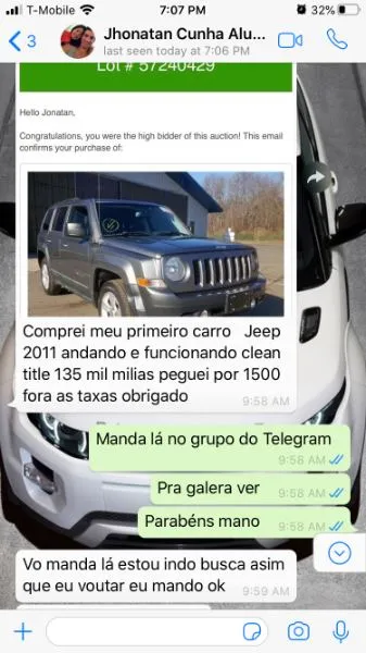 E-mail do leilão confirmando o cliente como vencedor do lance de um Jeep Patriot 2011 clean title, arrematado por $1.500 fora as taxas