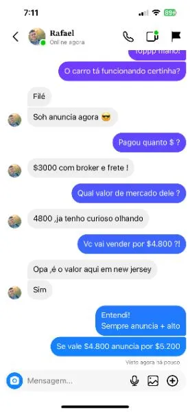 Conversa em que eu pergunto o valor de mercado do carro do cliente e oriento que, valendo $4.800, ele anuncie por $5.200
