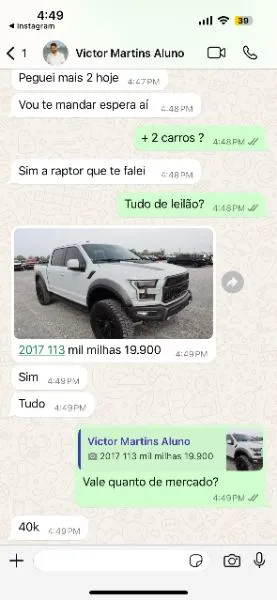Cliente conta que comprou uma Ford Raptor 2017 com 113 mil milhas por $19.900, e que o valor de mercado dela é 40 mil