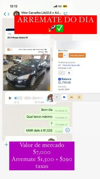 Conversa mostrando o pedido do lance máximo, o MMR de $1.525 e o Nissan Sentra arrematado no Manheim por $1.500 mais $290 de taxas, contra $7.000 de mercado