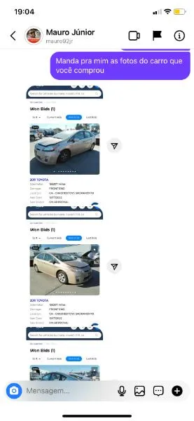 Tela de arremates ganhos no leilão, incluindo um Toyota 2011 comprado em Sacramento