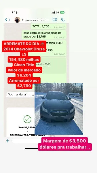 Arremate de Chevrolet Cruze LS 2014, mercado $6.204, arrematado por $2.750