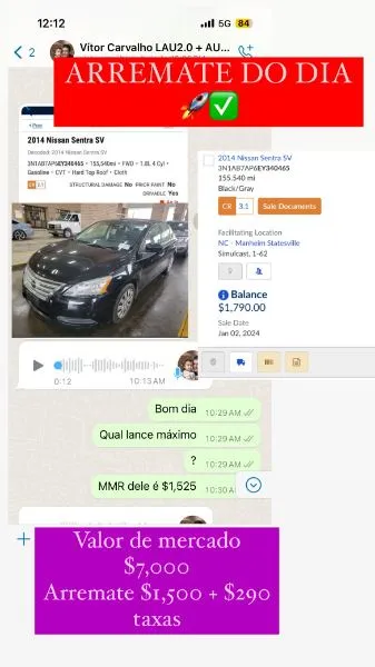 Arremate do dia, Nissan Sentra SV 2014, mercado $7.000, arrematado por $1.500 mais $290 de taxas