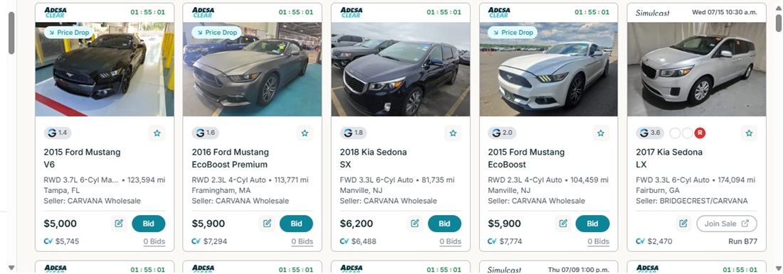 Grade de carros no leilão Adesa, com preços e Carfax