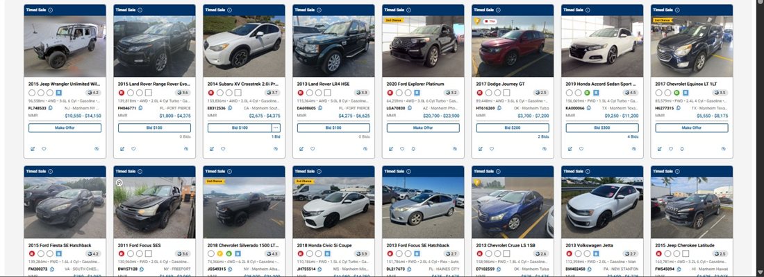 Grade de carros no leilão Manheim, com preços de atacado (MMR)