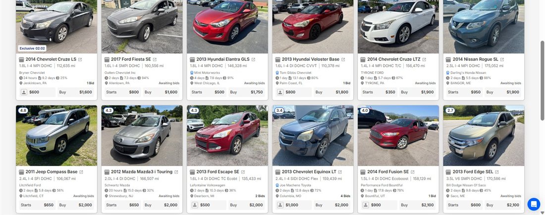 Grade de carros no leilão Openlane, com preço de compra
