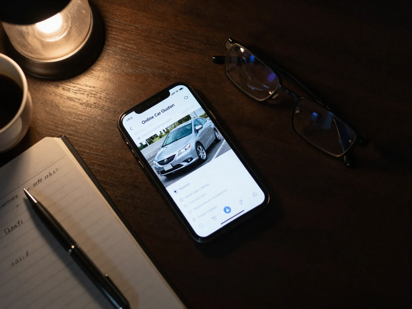 Celular com o anúncio de um carro de leilão aberto, ao lado de um caderno com anotações da análise