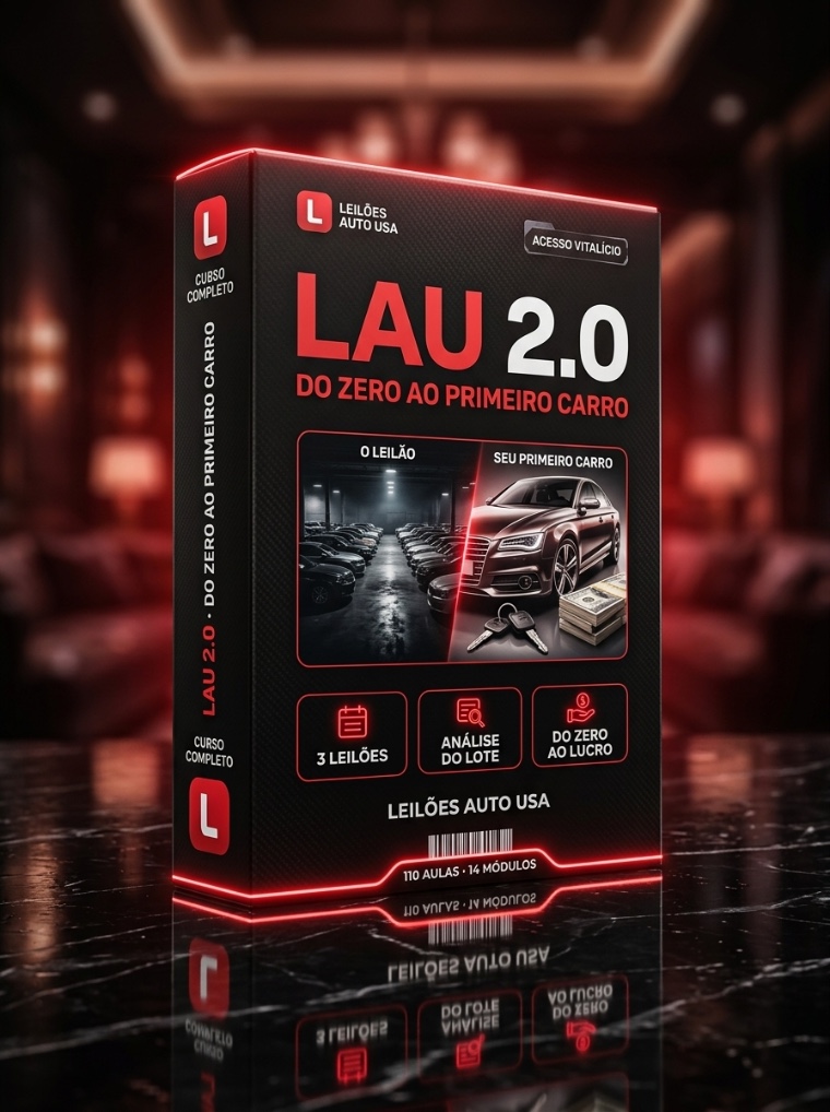 Caixa do Curso LAU 2.0, do zero ao primeiro carro, com os leilões Copart, Manheim e IAAI, 110 aulas em 14 módulos