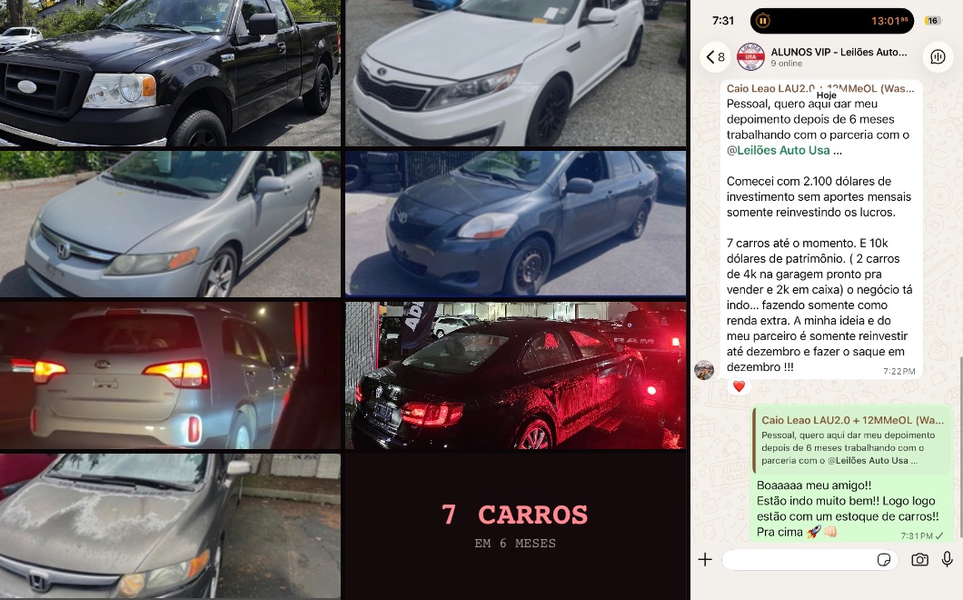 Os sete carros arrematados pelo Caio e Fernando ao lado do depoimento dele no grupo de alunos