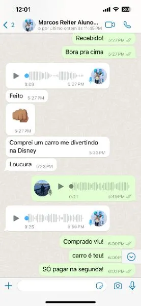 Conversa com o aluno Marcos, que comprou o carro pelo grupo enquanto passeava na Disney, e recebe carro é teu