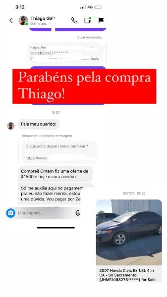 Cliente confirma Honda Civic EX 2007 azul fechado no grupo, com faixa Parabéns pela compra Thiago