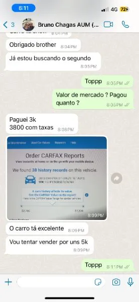 Cliente Bruno confirma que pagou $3.800 com taxas, diz que o carro está excelente e vai revender por uns $5.000