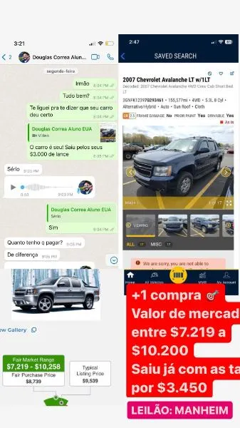 Conversa confirmando Chevrolet Avalanche LT 2007 arrematado por $3.450 na Manheim, mercado até $10.200