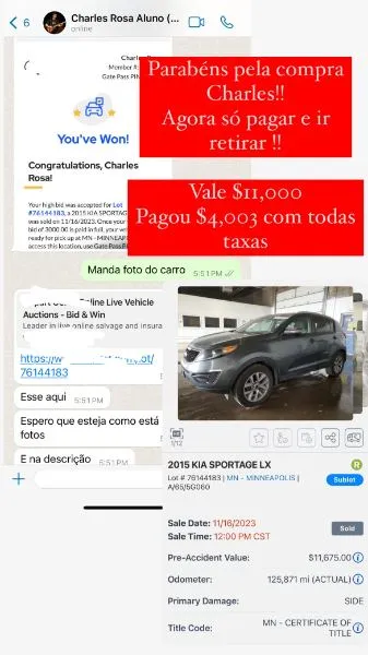 Cliente Charles comemora a compra de um Kia Sportage LX 2015 que vale $11.000 e saiu por $4.003 com taxas