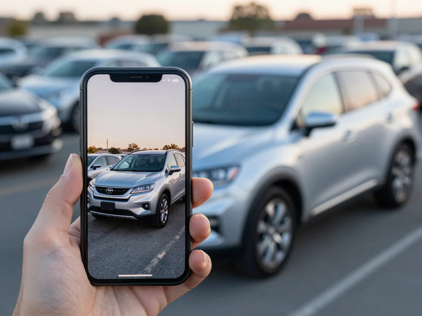Mão segurando um celular com a foto de um SUV prateado anunciado no leilão, e atrás, desfocado, o mesmo carro parado no pátio